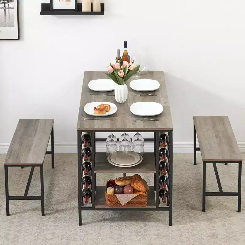 Dining Table Set for 4, Kitchen Table with 2 Benches, Wine Rack and Storage Shelf, Rectangular Dining Room Table Set, 3 Piece Dining Table Set