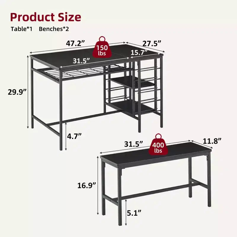 Dining Table Set for 4, Kitchen Table with 2 Benches, Wine Rack and Storage Shelf, Rectangular Dining Room Table Set, 3 Piece Dining Table Set