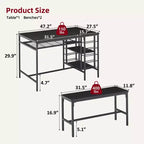 Dining Table Set for 4, Kitchen Table with 2 Benches, Wine Rack and Storage Shelf, Rectangular Dining Room Table Set, 3 Piece Dining Table Set
