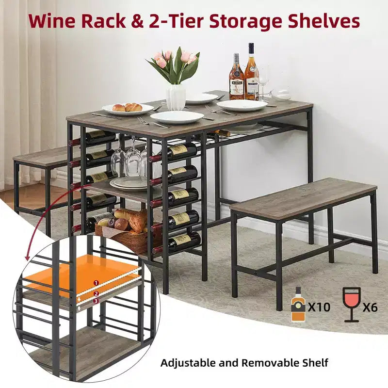 Dining Table Set for 4, Kitchen Table with 2 Benches, Wine Rack and Storage Shelf, Rectangular Dining Room Table Set, 3 Piece Dining Table Set