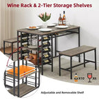 Dining Table Set for 4, Kitchen Table with 2 Benches, Wine Rack and Storage Shelf, Rectangular Dining Room Table Set, 3 Piece Dining Table Set