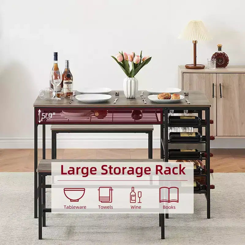 Dining Table Set for 4, Kitchen Table with 2 Benches, Wine Rack and Storage Shelf, Rectangular Dining Room Table Set, 3 Piece Dining Table Set