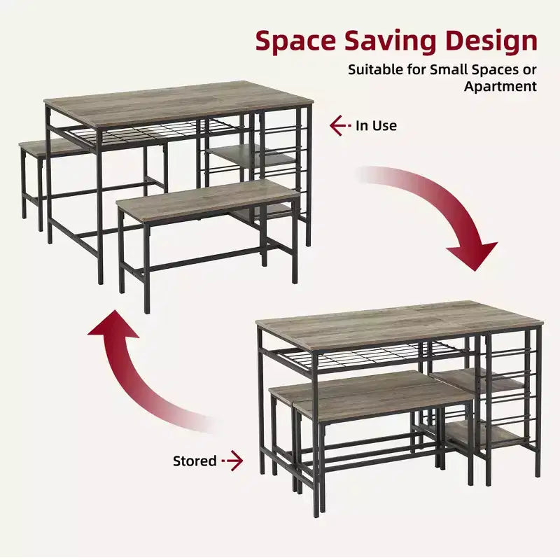 Dining Table Set for 4, Kitchen Table with 2 Benches, Wine Rack and Storage Shelf, Rectangular Dining Room Table Set, 3 Piece Dining Table Set