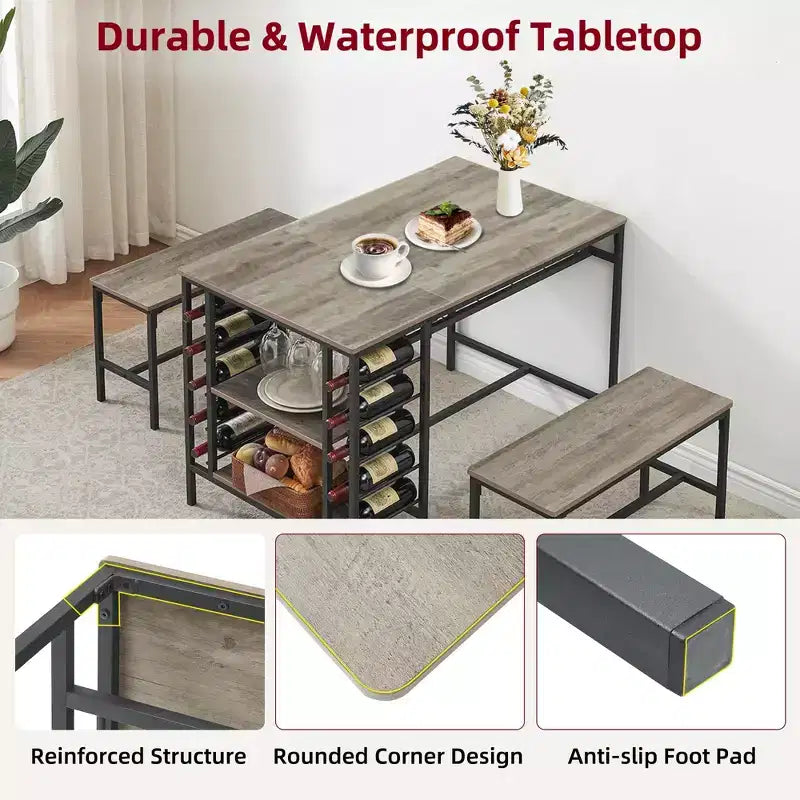 Dining Table Set for 4, Kitchen Table with 2 Benches, Wine Rack and Storage Shelf, Rectangular Dining Room Table Set, 3 Piece Dining Table Set