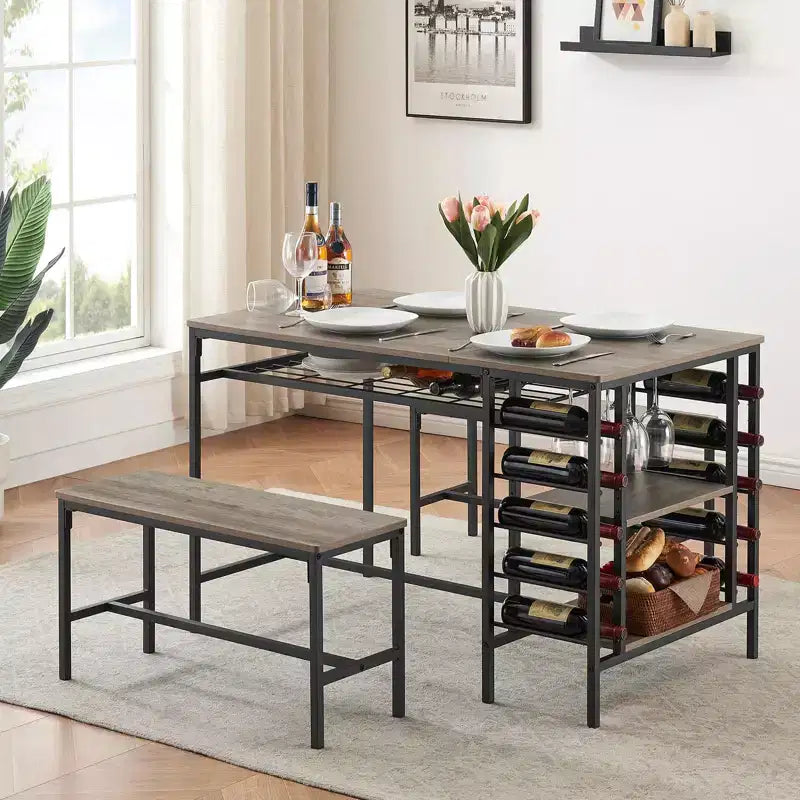 Dining Table Set for 4, Kitchen Table with 2 Benches, Wine Rack and Storage Shelf, Rectangular Dining Room Table Set, 3 Piece Dining Table Set