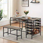 Dining Table Set for 4, Kitchen Table with 2 Benches, Wine Rack and Storage Shelf, Rectangular Dining Room Table Set, 3 Piece Dining Table Set