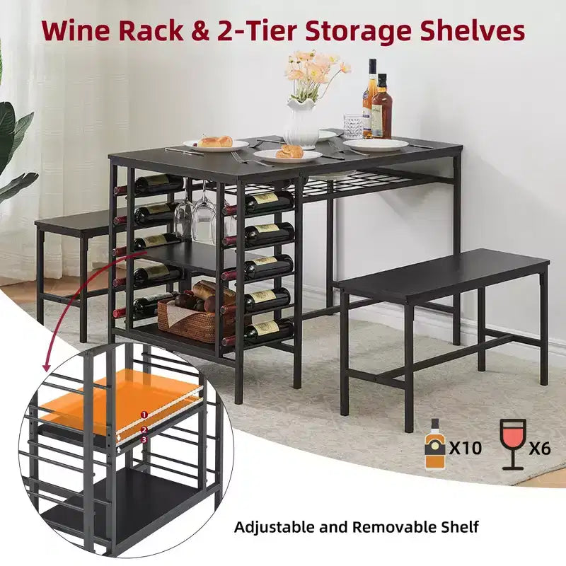 Dining Table Set for 4, Kitchen Table with 2 Benches, Wine Rack and Storage Shelf, Rectangular Dining Room Table Set, 3 Piece Dining Table Set