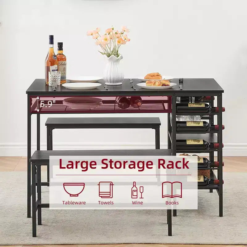 Dining Table Set for 4, Kitchen Table with 2 Benches, Wine Rack and Storage Shelf, Rectangular Dining Room Table Set, 3 Piece Dining Table Set