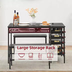 Dining Table Set for 4, Kitchen Table with 2 Benches, Wine Rack and Storage Shelf, Rectangular Dining Room Table Set, 3 Piece Dining Table Set
