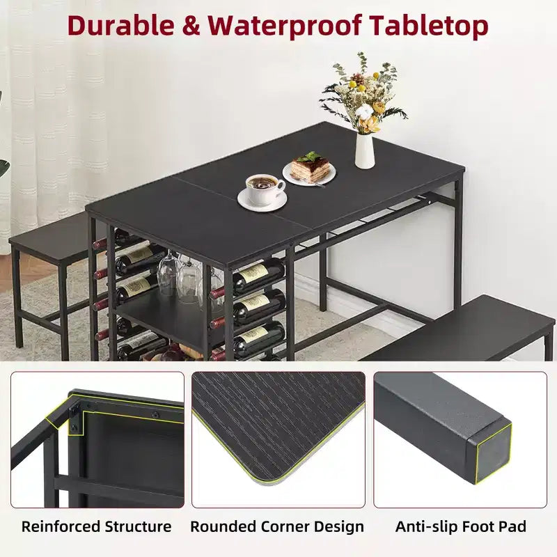 Dining Table Set for 4, Kitchen Table with 2 Benches, Wine Rack and Storage Shelf, Rectangular Dining Room Table Set, 3 Piece Dining Table Set