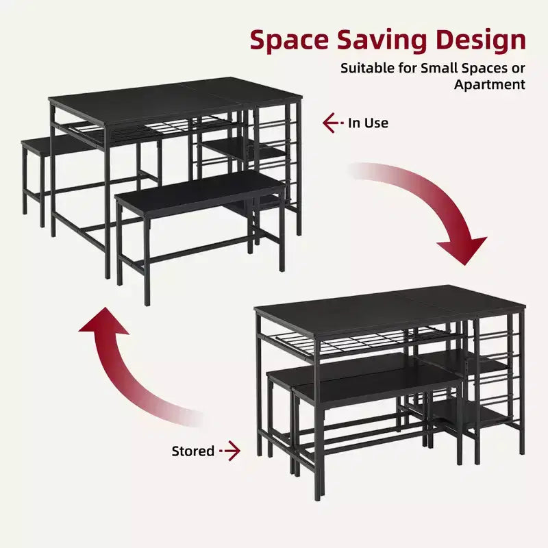 Dining Table Set for 4, Kitchen Table with 2 Benches, Wine Rack and Storage Shelf, Rectangular Dining Room Table Set, 3 Piece Dining Table Set