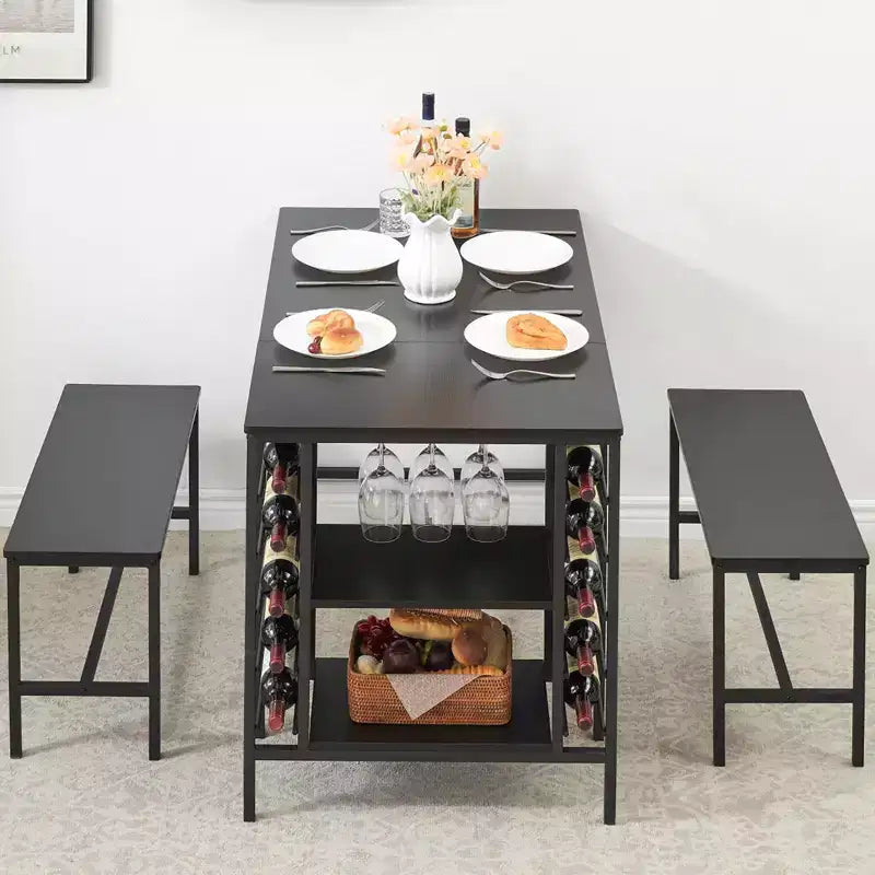Dining Table Set for 4, Kitchen Table with 2 Benches, Wine Rack and Storage Shelf, Rectangular Dining Room Table Set, 3 Piece Dining Table Set