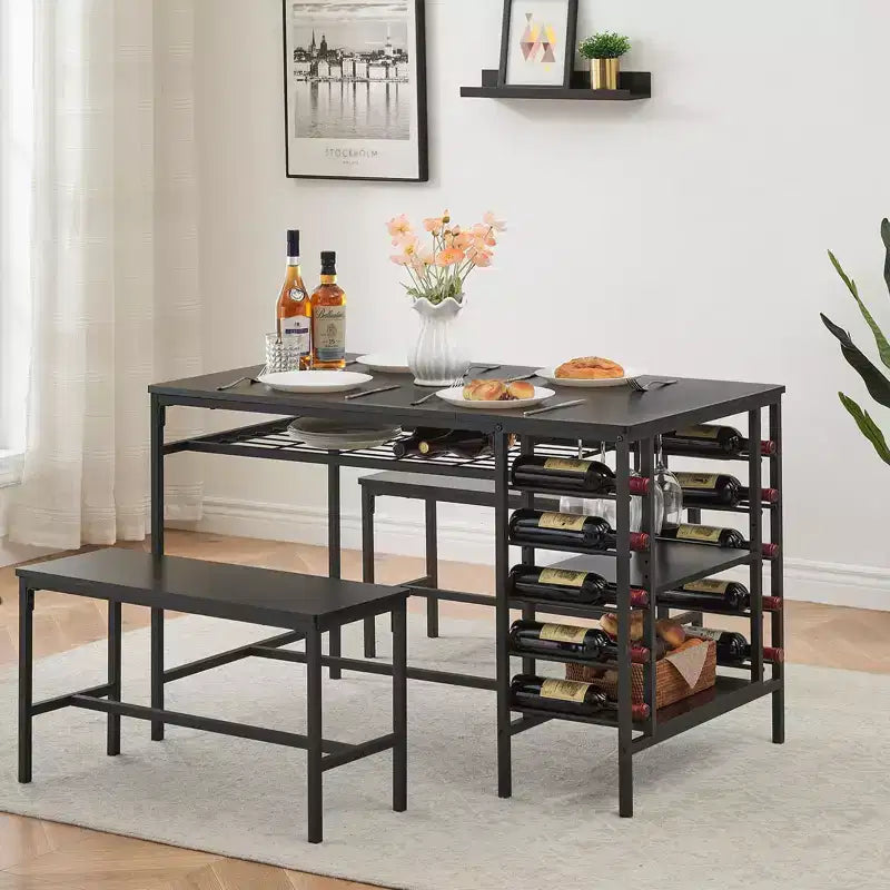 Dining Table Set for 4, Kitchen Table with 2 Benches, Wine Rack and Storage Shelf, Rectangular Dining Room Table Set, 3 Piece Dining Table Set