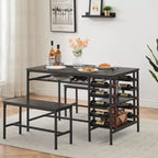 Dining Table Set for 4, Kitchen Table with 2 Benches, Wine Rack and Storage Shelf, Rectangular Dining Room Table Set, 3 Piece Dining Table Set
