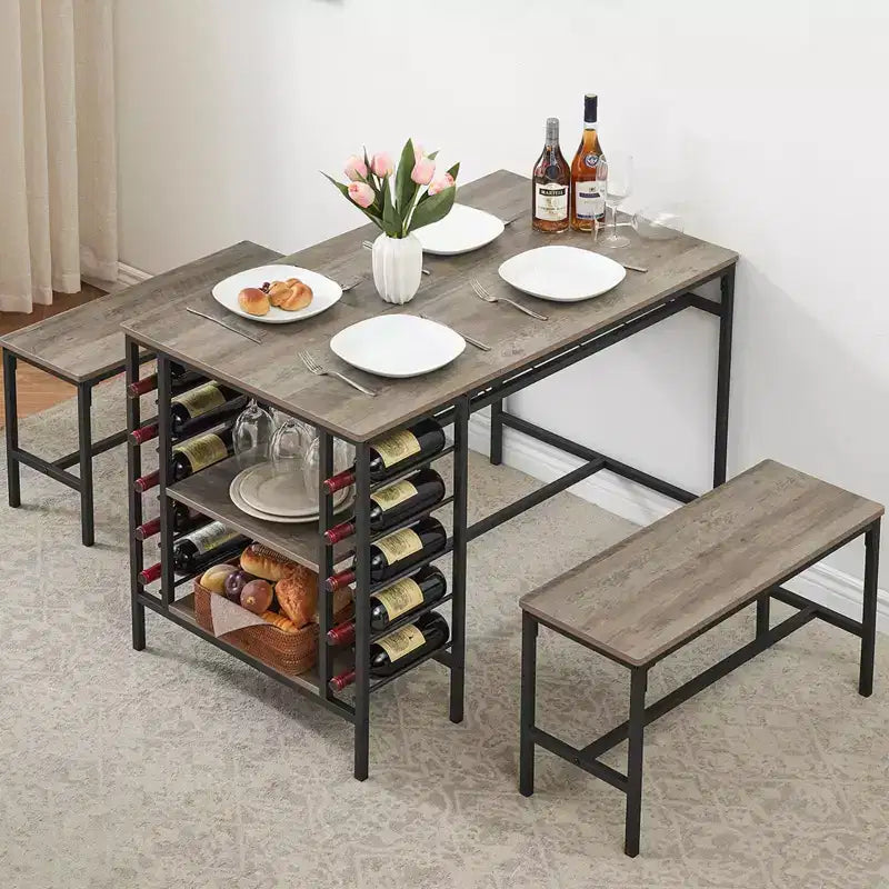 Dining Table Set for 4, Kitchen Table with 2 Benches, Wine Rack and Storage Shelf, Rectangular Dining Room Table Set, 3 Piece Dining Table Set