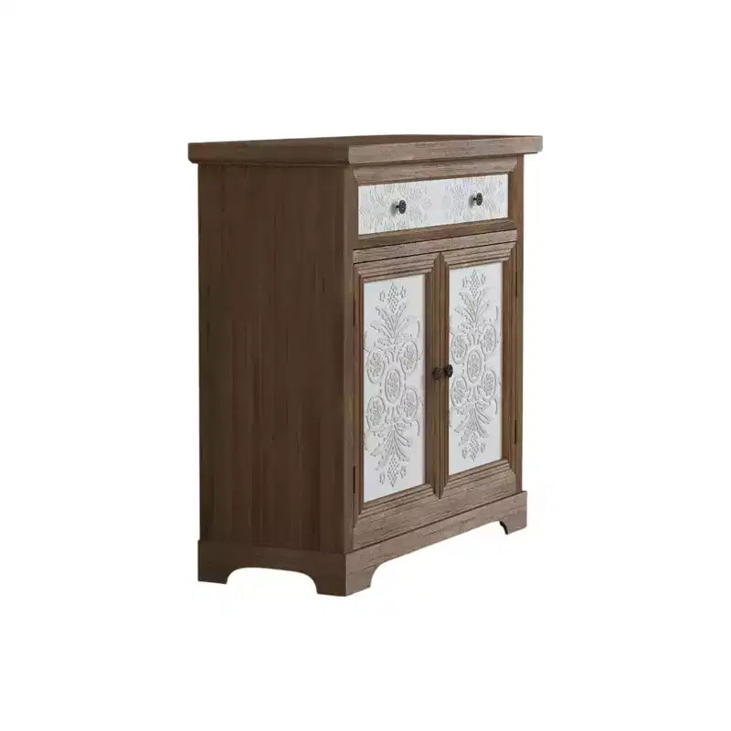 Rustic Farmhouse Accent Cabinet with Carved Floral Doors, 1 Drawer and Double-Door Storage for Living Room or Entryway