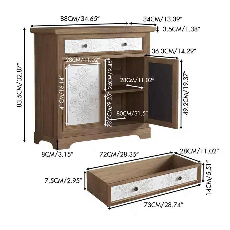 Rustic Farmhouse Accent Cabinet with Carved Floral Doors, 1 Drawer and Double-Door Storage for Living Room or Entryway