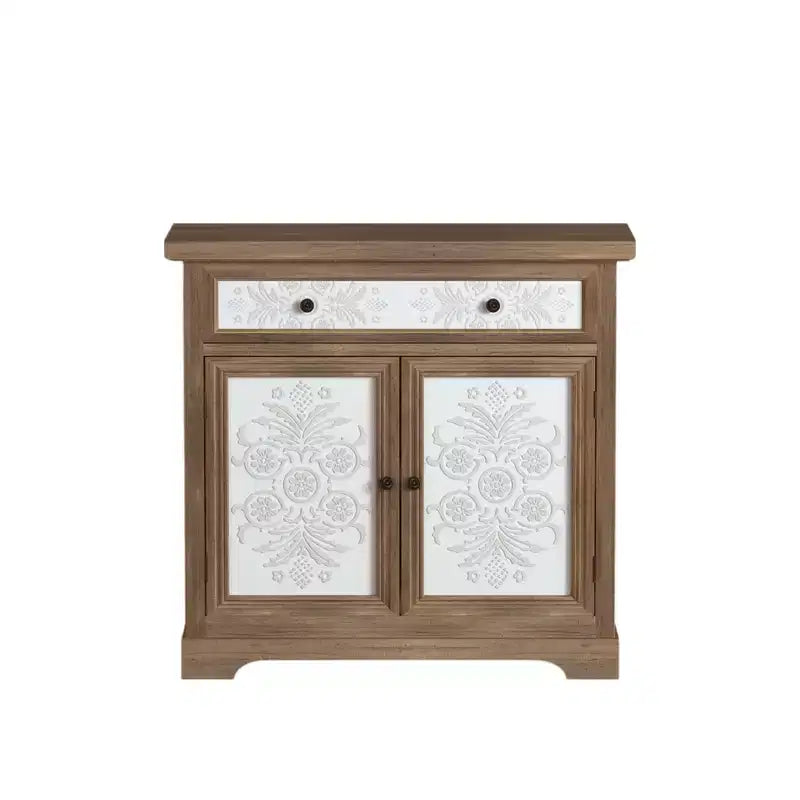 Rustic Farmhouse Accent Cabinet with Carved Floral Doors, 1 Drawer and Double-Door Storage for Living Room or Entryway