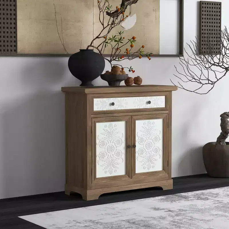 Rustic Farmhouse Accent Cabinet with Carved Floral Doors, 1 Drawer and Double-Door Storage for Living Room or Entryway