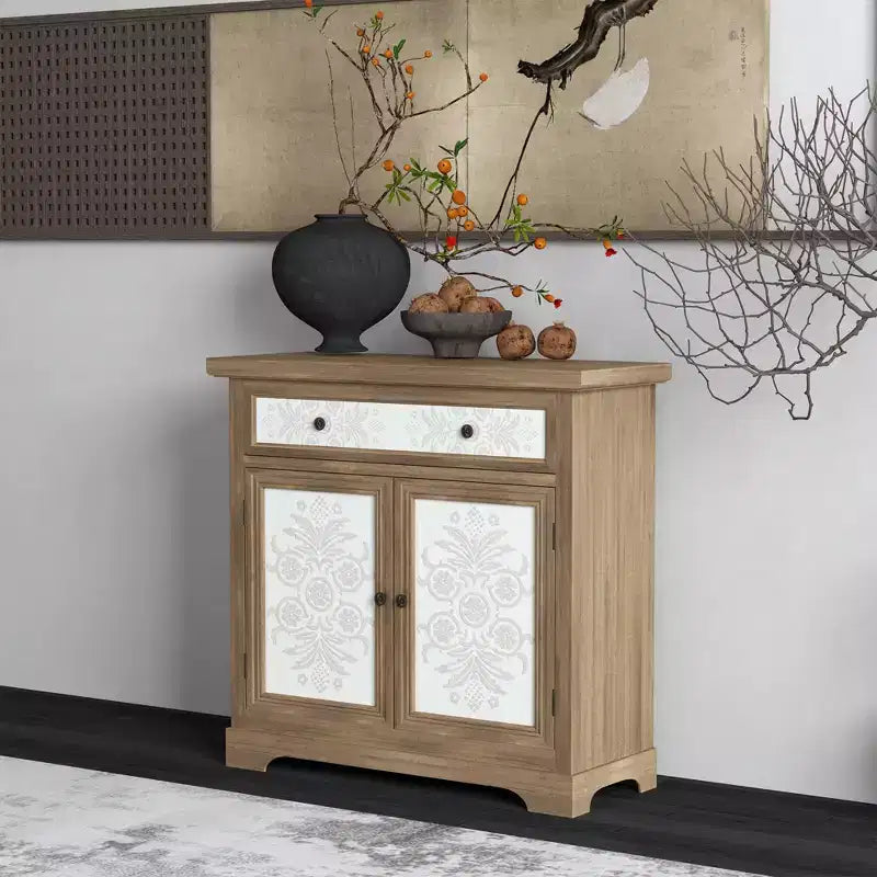 Rustic Farmhouse Accent Cabinet with Carved Floral Doors, 1 Drawer and Double-Door Storage for Living Room or Entryway