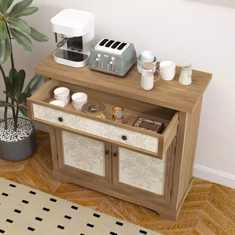 Rustic Farmhouse Accent Cabinet with Carved Floral Doors, 1 Drawer and Double-Door Storage for Living Room or Entryway