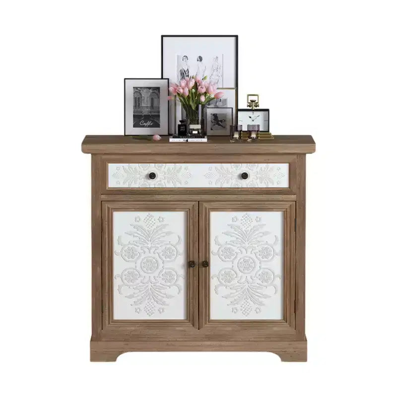 Rustic Farmhouse Accent Cabinet with Carved Floral Doors, 1 Drawer and Double-Door Storage for Living Room or Entryway