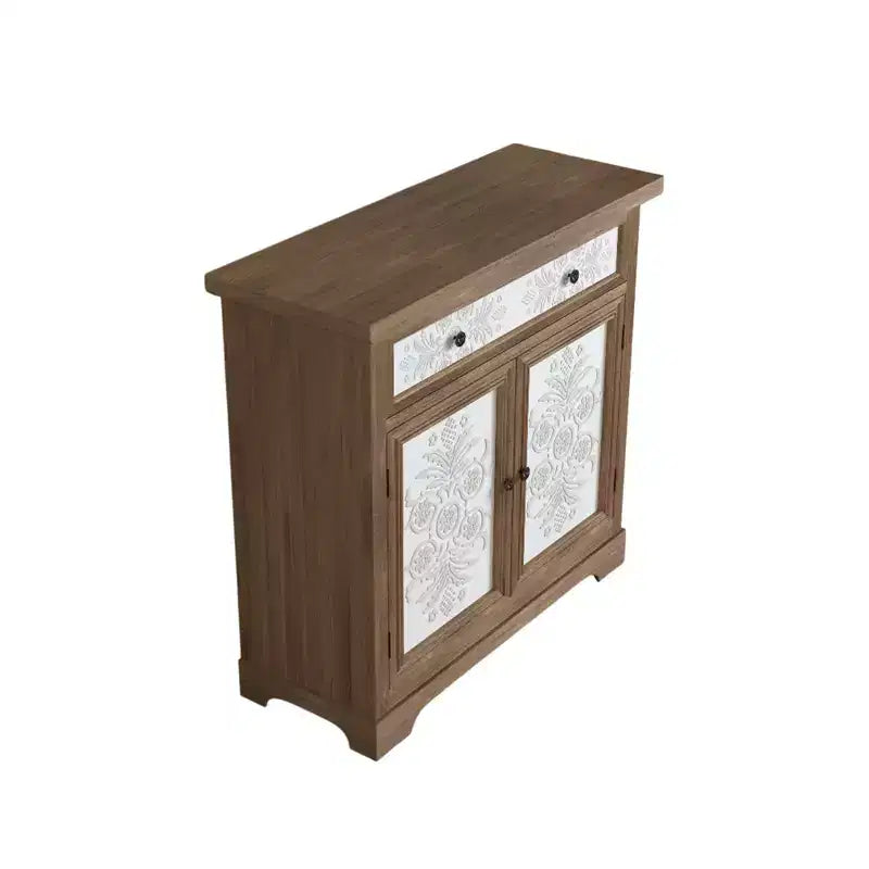 Rustic Farmhouse Accent Cabinet with Carved Floral Doors, 1 Drawer and Double-Door Storage for Living Room or Entryway