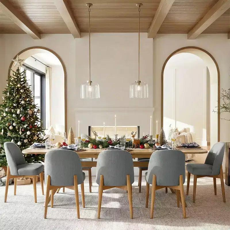 9-Piece Dining Set for 8, Extendable Trestle Base Table with Upholstered Chairs Featuring Solid Wood Legs-Panipeachy