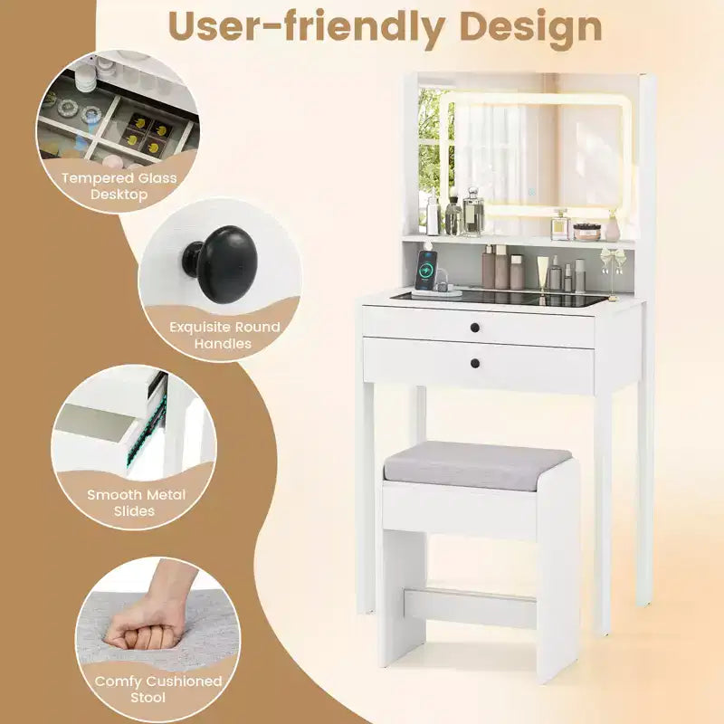Costway Small Vanity Desk w/Mirror Lights Charging Station Glass Top Drawers Shelf