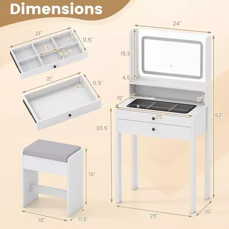 Costway Small Vanity Desk w/Mirror Lights Charging Station Glass Top Drawers Shelf