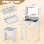 Costway Small Vanity Desk w/Mirror Lights Charging Station Glass Top Drawers Shelf