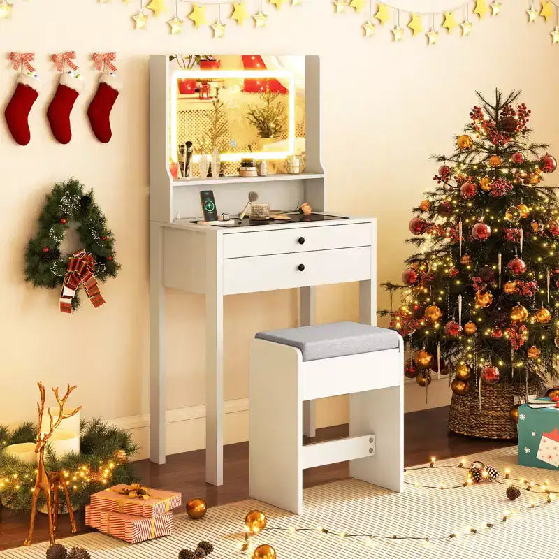 Costway Small Vanity Desk w/Mirror Lights Charging Station Glass Top Drawers Shelf