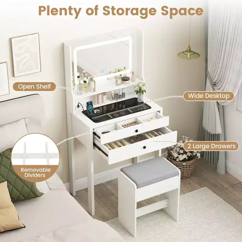 Costway Small Vanity Desk w/Mirror Lights Charging Station Glass Top Drawers Shelf