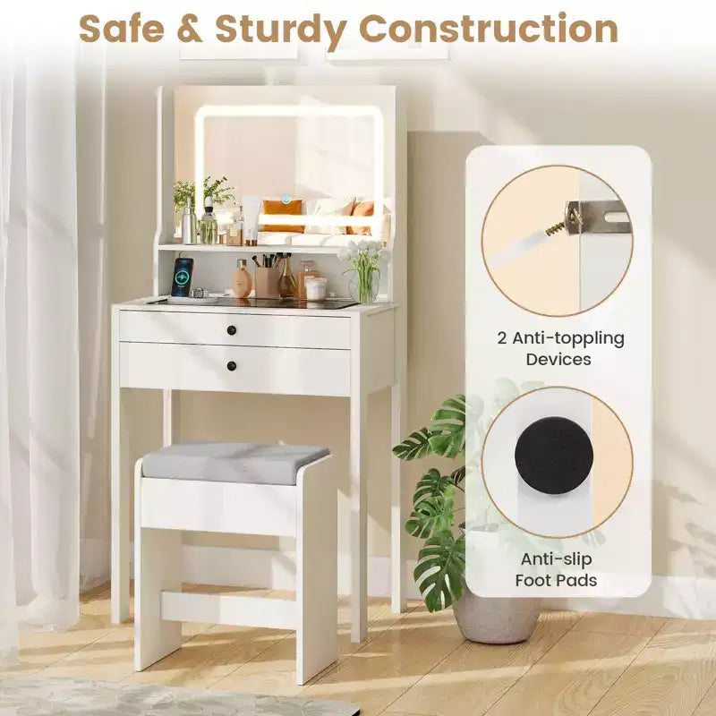 Costway Small Vanity Desk w/Mirror Lights Charging Station Glass Top Drawers Shelf