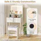 Costway Small Vanity Desk w/Mirror Lights Charging Station Glass Top Drawers Shelf