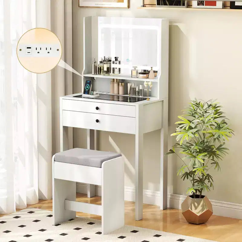 Costway Small Vanity Desk w/Mirror Lights Charging Station Glass Top Drawers Shelf