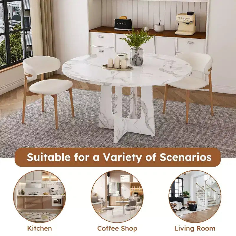 47 Round Dining Table for 4 Farmhouse MDF Table with Marble White Finish 300lb Capacity Easy Assembly for Dining Room Kitchen Living Room