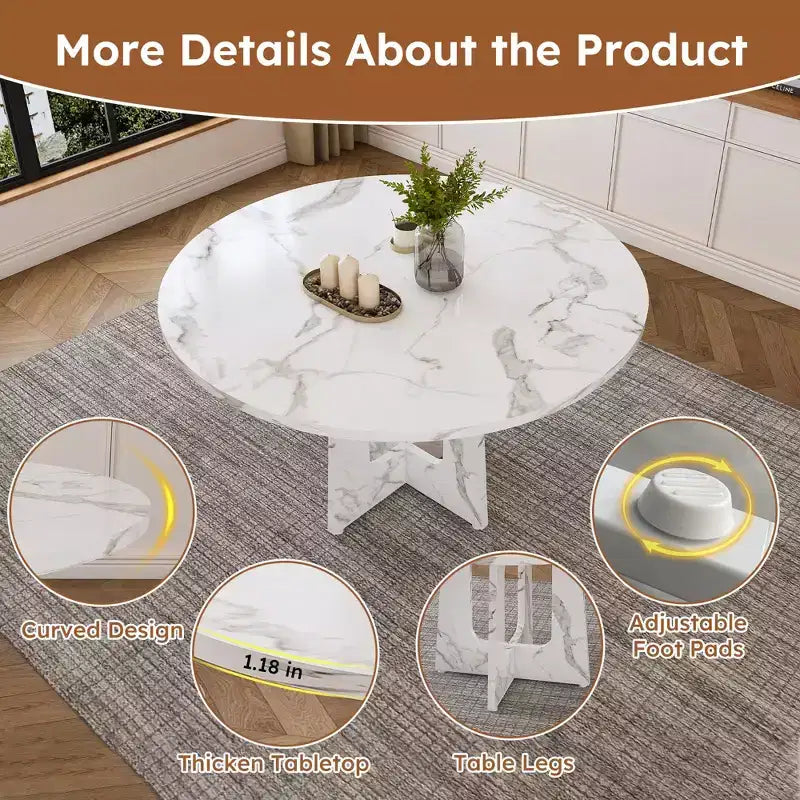 47 Round Dining Table for 4 Farmhouse MDF Table with Marble White Finish 300lb Capacity Easy Assembly for Dining Room Kitchen Living Room