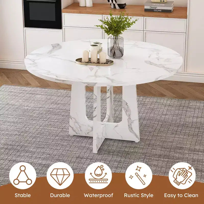 47 Round Dining Table for 4 Farmhouse MDF Table with Marble White Finish 300lb Capacity Easy Assembly for Dining Room Kitchen Living Room