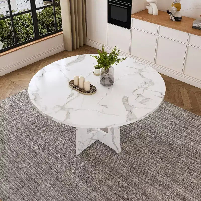 47 Round Dining Table for 4 Farmhouse MDF Table with Marble White Finish 300lb Capacity Easy Assembly for Dining Room Kitchen Living Room