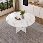 47 Round Dining Table for 4 Farmhouse MDF Table with Marble White Finish 300lb Capacity Easy Assembly for Dining Room Kitchen Living Room