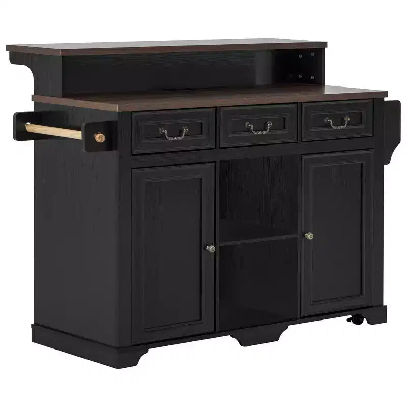Whisen 53.2 Two-Tier Kitchen Island Cart, Rolling Island Table, Bar Cabinet, Farmhouse Kitchen Island with 4 Door Shelves, 3 Drawers