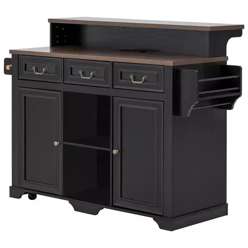 Whisen 53.2 Two-Tier Kitchen Island Cart, Rolling Island Table, Bar Cabinet, Farmhouse Kitchen Island with 4 Door Shelves, 3 Drawers