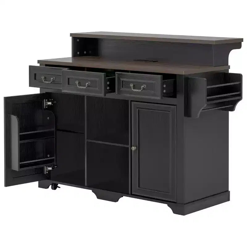 Whisen 53.2 Two-Tier Kitchen Island Cart, Rolling Island Table, Bar Cabinet, Farmhouse Kitchen Island with 4 Door Shelves, 3 Drawers