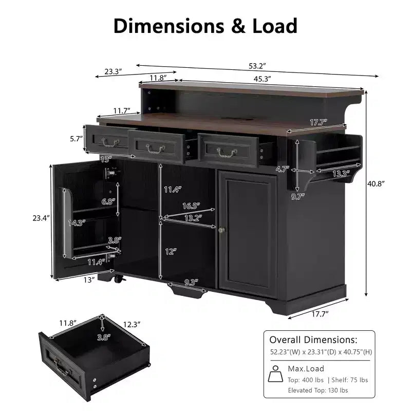 Whisen 53.2 Two-Tier Kitchen Island Cart, Rolling Island Table, Bar Cabinet, Farmhouse Kitchen Island with 4 Door Shelves, 3 Drawers