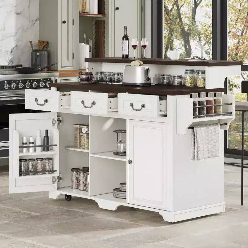 Whisen 53.2 Two-Tier Kitchen Island Cart, Rolling Island Table, Bar Cabinet, Farmhouse Kitchen Island with 4 Door Shelves, 3 Drawers