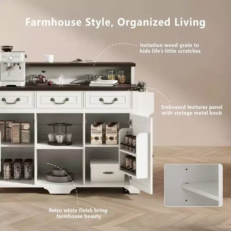 Whisen 53.2 Two-Tier Kitchen Island Cart, Rolling Island Table, Bar Cabinet, Farmhouse Kitchen Island with 4 Door Shelves, 3 Drawers