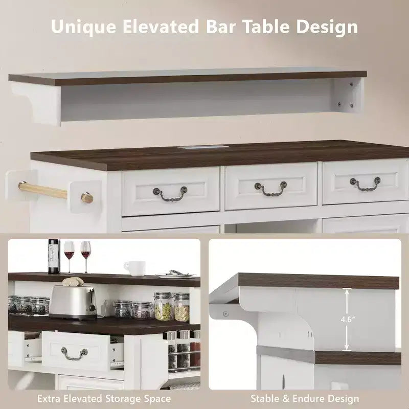 Whisen 53.2 Two-Tier Kitchen Island Cart, Rolling Island Table, Bar Cabinet, Farmhouse Kitchen Island with 4 Door Shelves, 3 Drawers