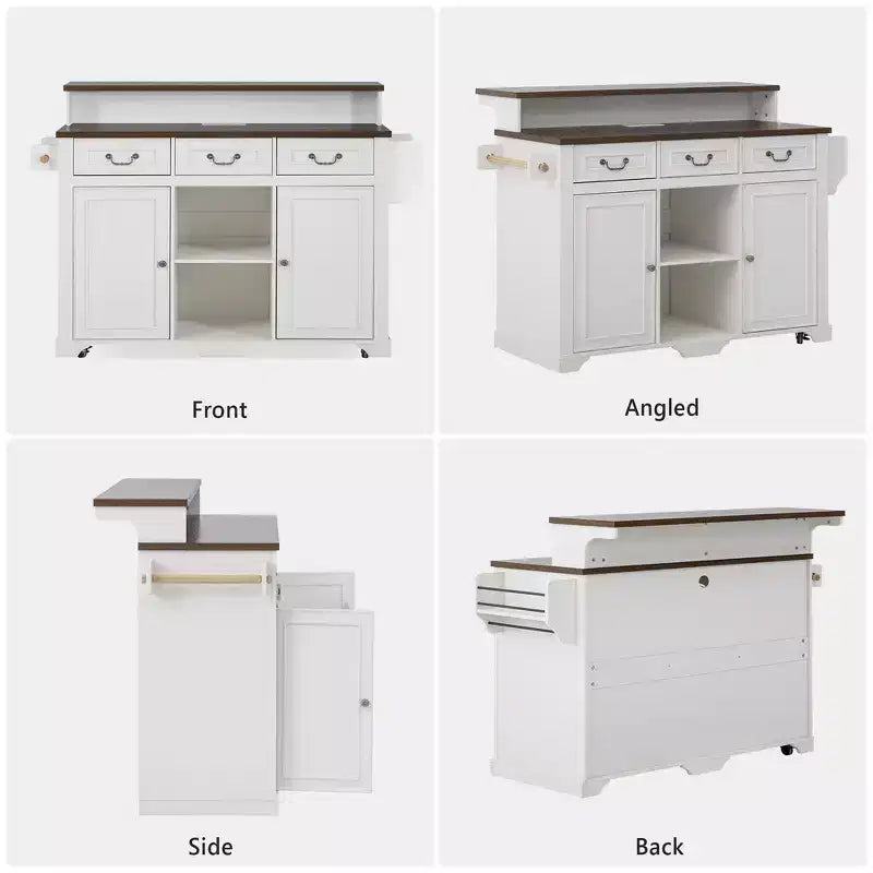 Whisen 53.2 Two-Tier Kitchen Island Cart, Rolling Island Table, Bar Cabinet, Farmhouse Kitchen Island with 4 Door Shelves, 3 Drawers