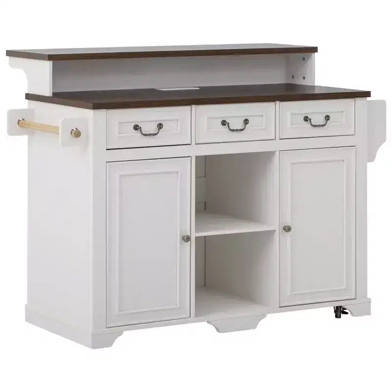 Whisen 53.2 Two-Tier Kitchen Island Cart, Rolling Island Table, Bar Cabinet, Farmhouse Kitchen Island with 4 Door Shelves, 3 Drawers